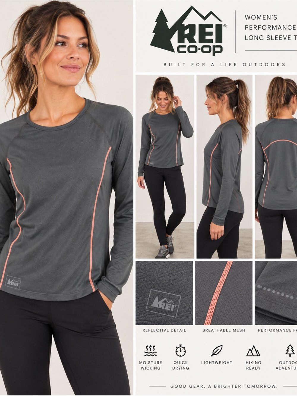 REI Women’s Long Sleeve Performance Hiking Shirt Gray Coral S